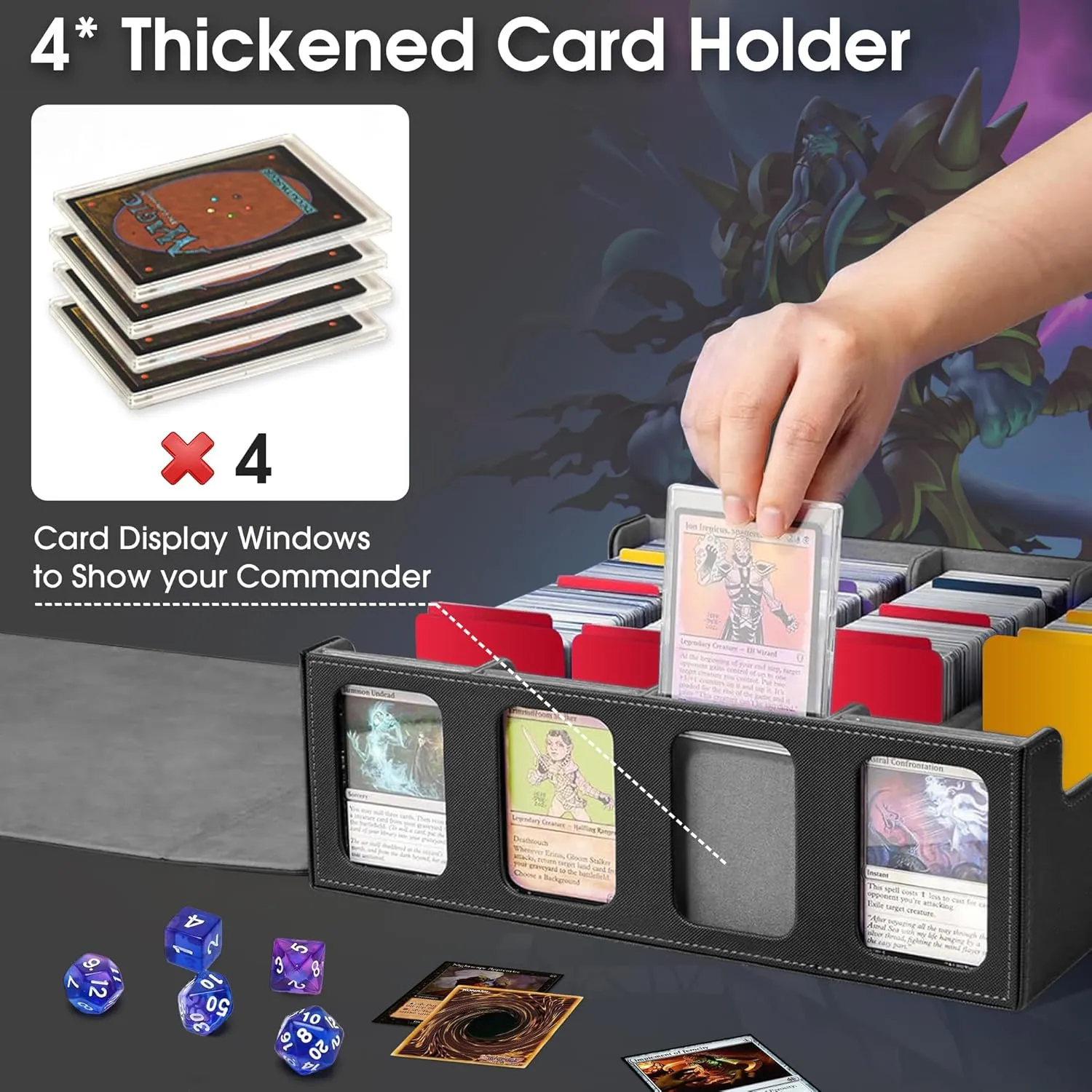 MTG Trading Card Storage Box Fits 3200  Cards, Commander Deck Box Case, 4 Display Windows 24 Dividers 4 Card Holders, PU Leather Magnetic Closure For Magic/TCG/YuGiOh/Sport Cards- Black & Gray