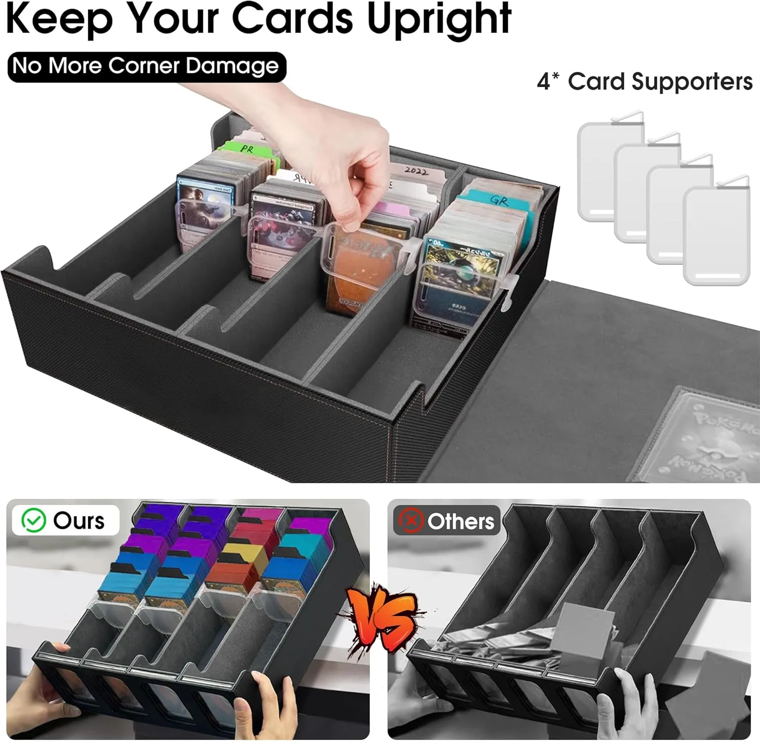 MTG Trading Card Storage Box Fits 3200  Cards, Commander Deck Box Case, 4 Display Windows 24 Dividers 4 Card Holders, PU Leather Magnetic Closure For Magic/TCG/YuGiOh/Sport Cards- Black & Gray