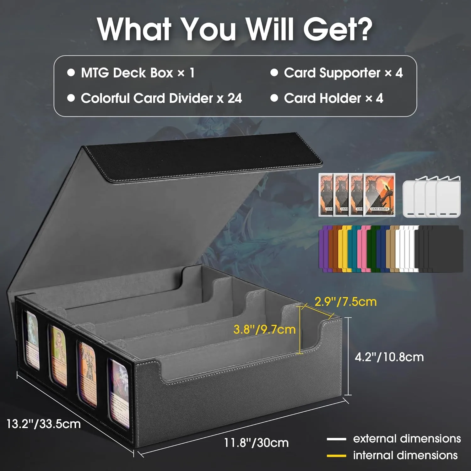 MTG Trading Card Storage Box Fits 3200  Cards, Commander Deck Box Case, 4 Display Windows 24 Dividers 4 Card Holders, PU Leather Magnetic Closure For Magic/TCG/YuGiOh/Sport Cards- Black & Gray