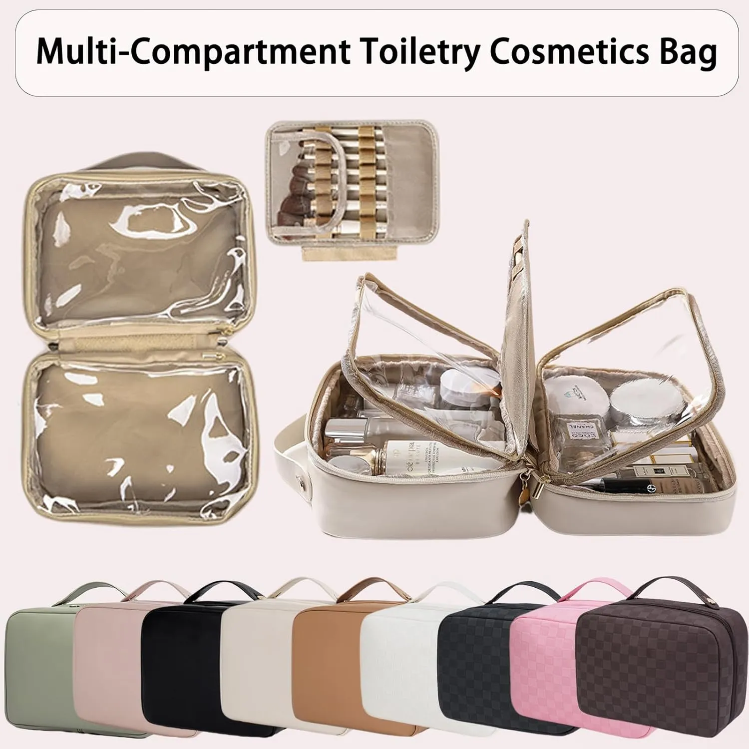 Multi-compartment Toiletry Cosmetics Bag, Multi Compartment Toiletry Travel Makeup Bag, Multi Compartment Toiletry Bag for Women, PU Leather Large Capacity & Portable (Black Plaid)