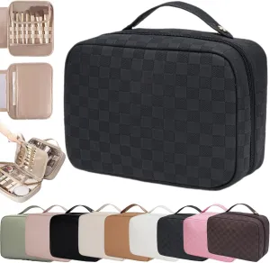 Multi-compartment Toiletry Cosmetics Bag, Multi Compartment Toiletry Travel Makeup Bag, Multi Compartment Toiletry Bag for Women, PU Leather Large Capacity & Portable (Black Plaid)