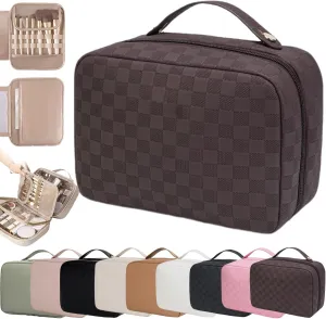 Multi-compartment Toiletry Cosmetics Bag, Multi Compartment Toiletry Travel Makeup Bag, Multi Compartment Toiletry Bag for Women, PU Leather Large Capacity & Portable (Brown Plaid)