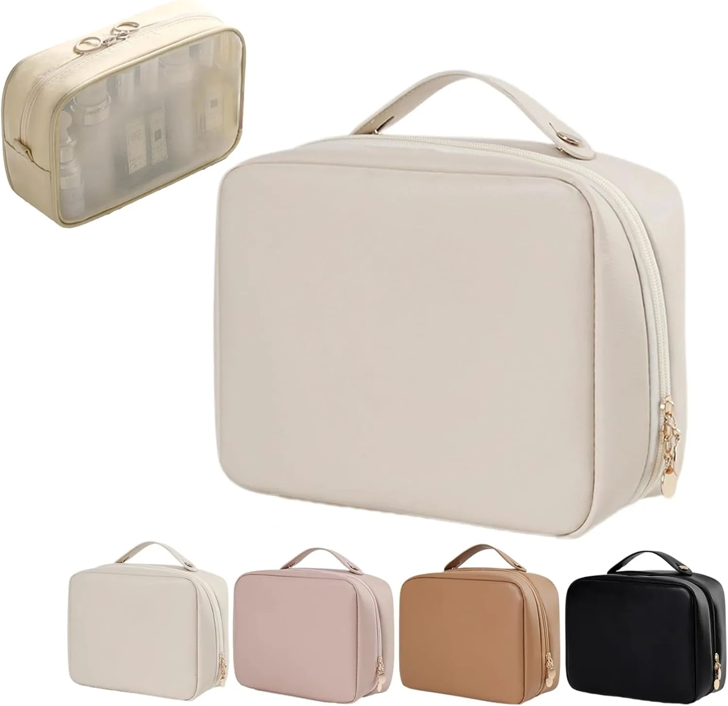 Multi-Compartment Toiletry Cosmetics Bag, Pu Leather Portable Storage Bag, Makeup Bag Large Travel Cosmetic Bags for Women (White)
