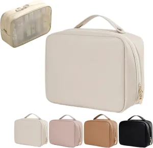 Multi-Compartment Toiletry Cosmetics Bag, Pu Leather Portable Storage Bag, Makeup Bag Large Travel Cosmetic Bags for Women (White)