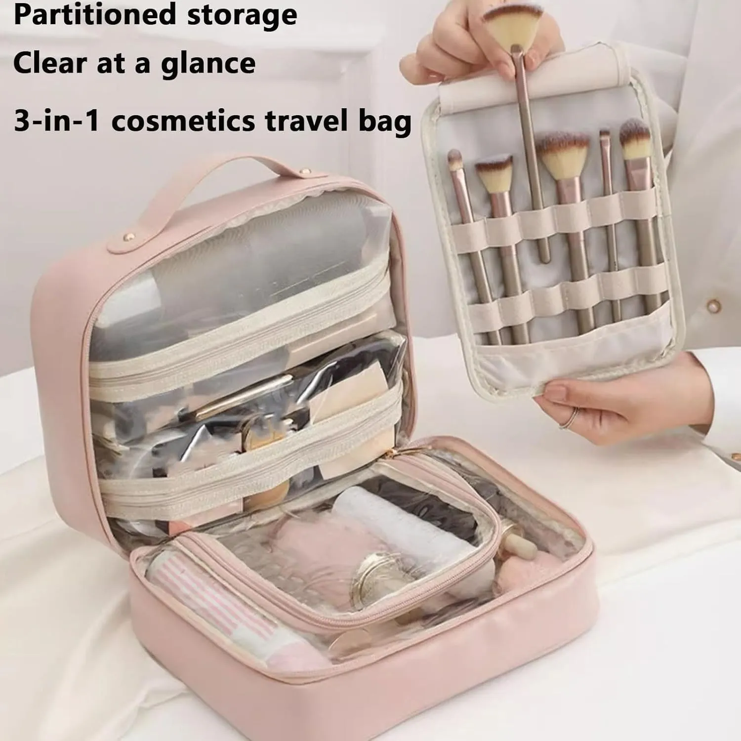 Multi-Compartment Toiletry Cosmetics Bag, Pu Leather Portable Storage Bag, Makeup Bag Large Travel Cosmetic Bags for Women (White)