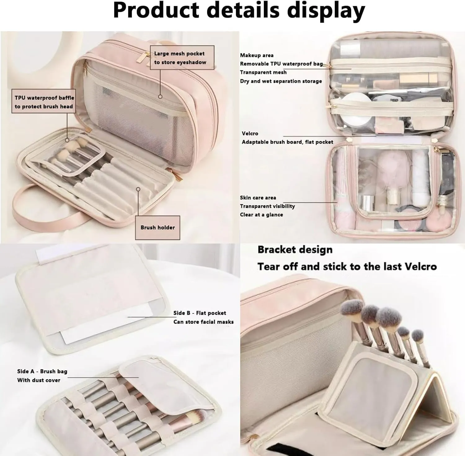 Multi-Compartment Toiletry Cosmetics Bag, Pu Leather Portable Storage Bag, Makeup Bag Large Travel Cosmetic Bags for Women (White)