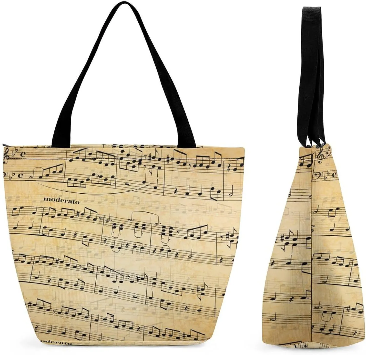 Music-notes-stave-old-print Women Handbag Tote Bags Travel Beach Totes Bag Shopping Zippered for Women