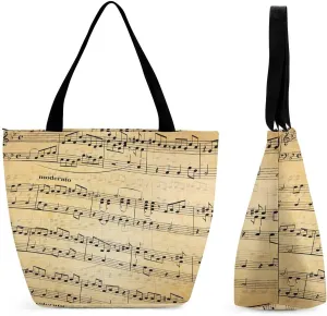 Music-notes-stave-old-print Women Handbag Tote Bags Travel Beach Totes Bag Shopping Zippered for Women