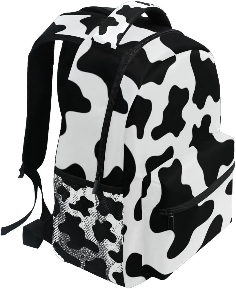 My Little Nest Casual School Backpack Black and White Cow Print Lightweight Travel Daypack for Women Men Rucksack College Shoulder Bag for Boys Girls Teenage