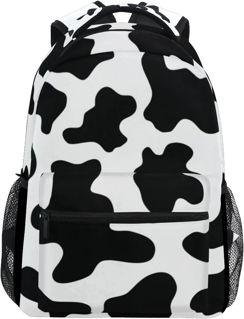My Little Nest Casual School Backpack Black and White Cow Print Lightweight Travel Daypack for Women Men Rucksack College Shoulder Bag for Boys Girls Teenage