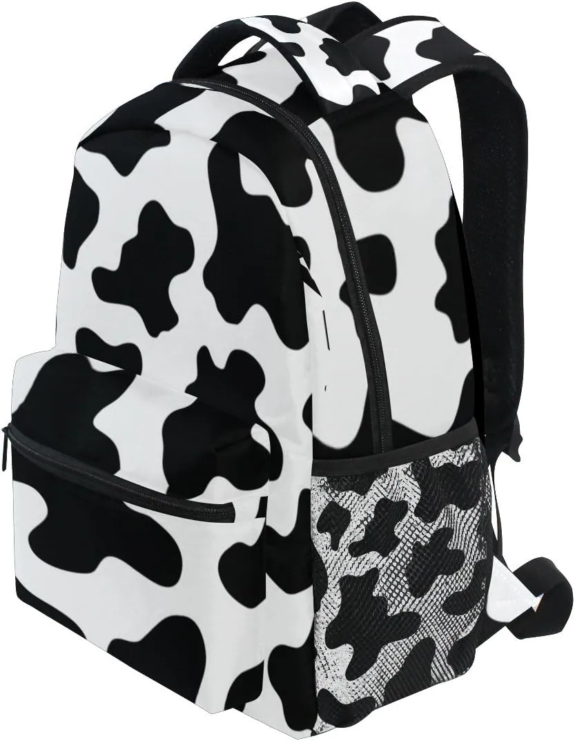 My Little Nest Casual School Backpack Black and White Cow Print Lightweight Travel Daypack for Women Men Rucksack College Shoulder Bag for Boys Girls Teenage