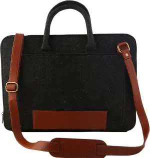 Mysa Black Felt Vegan Leather Slim Vintage Messenger Crossbody Satchel Shoulder Sleeve Bag for Office Work Travel fit upto 15" Computer Laptop Tablet for Men Women
