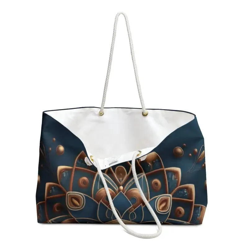 Navy Blue Weekender Bag with Gold Mandal Pattern