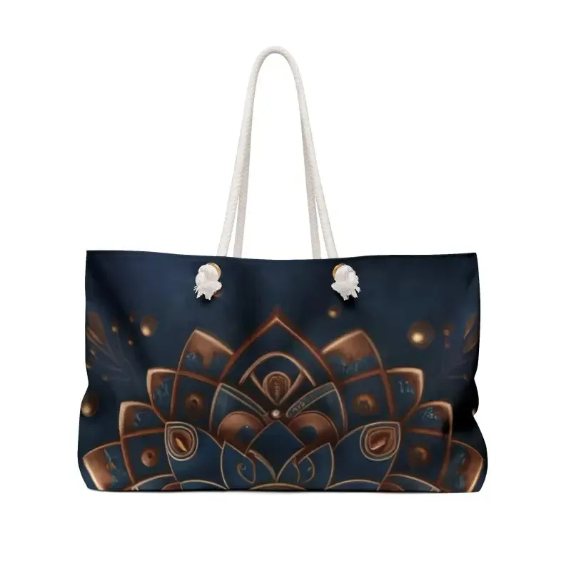 Navy Blue Weekender Bag with Gold Mandal Pattern