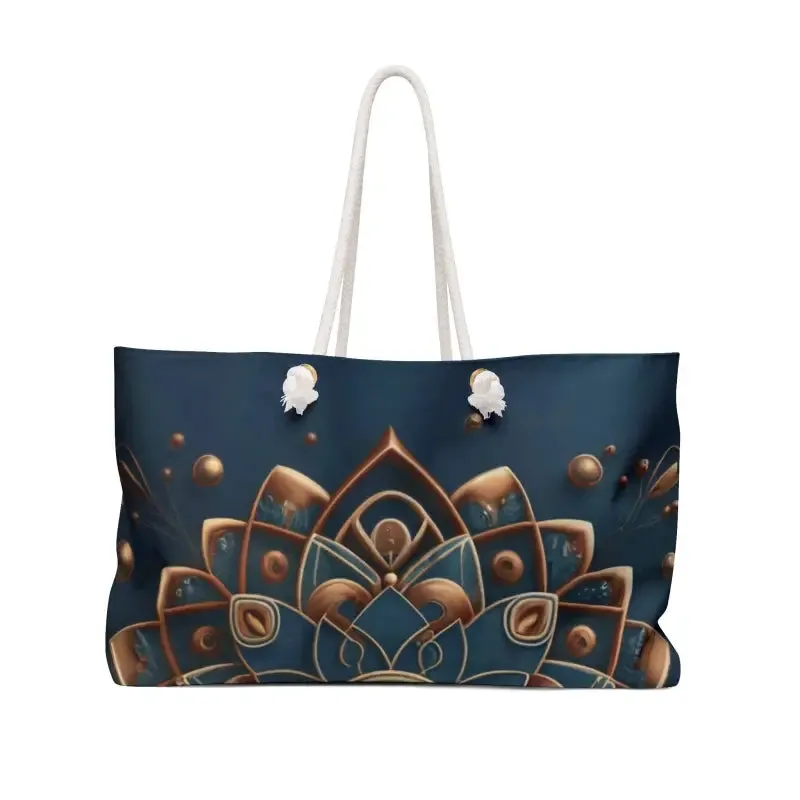Navy Blue Weekender Bag with Gold Mandal Pattern