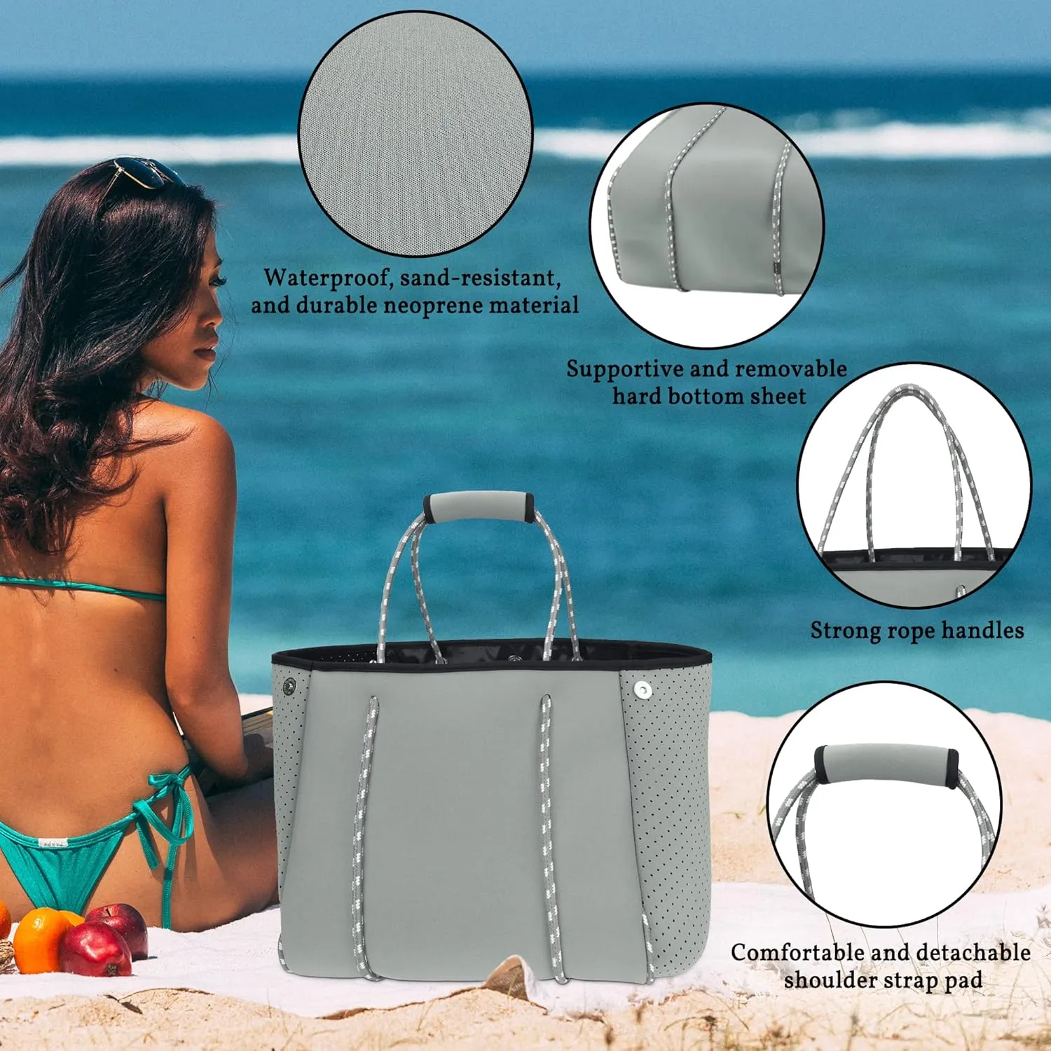 Neoprene Tote Bag - Large Travel Beach Pool Gym Handbag for Women & Men