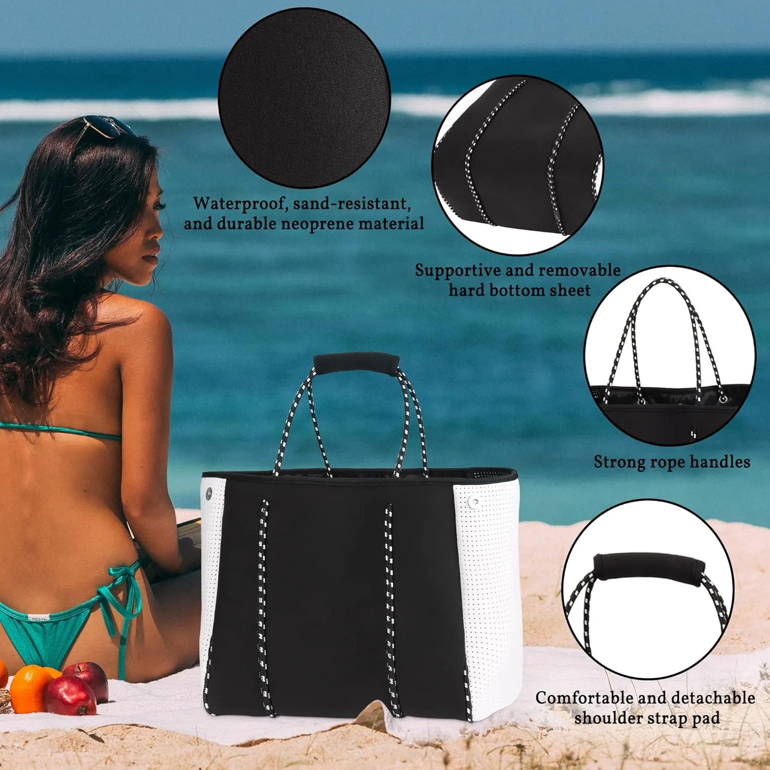 Neoprene Tote Bag - Large Travel Beach Pool Gym Handbag for Women & Men