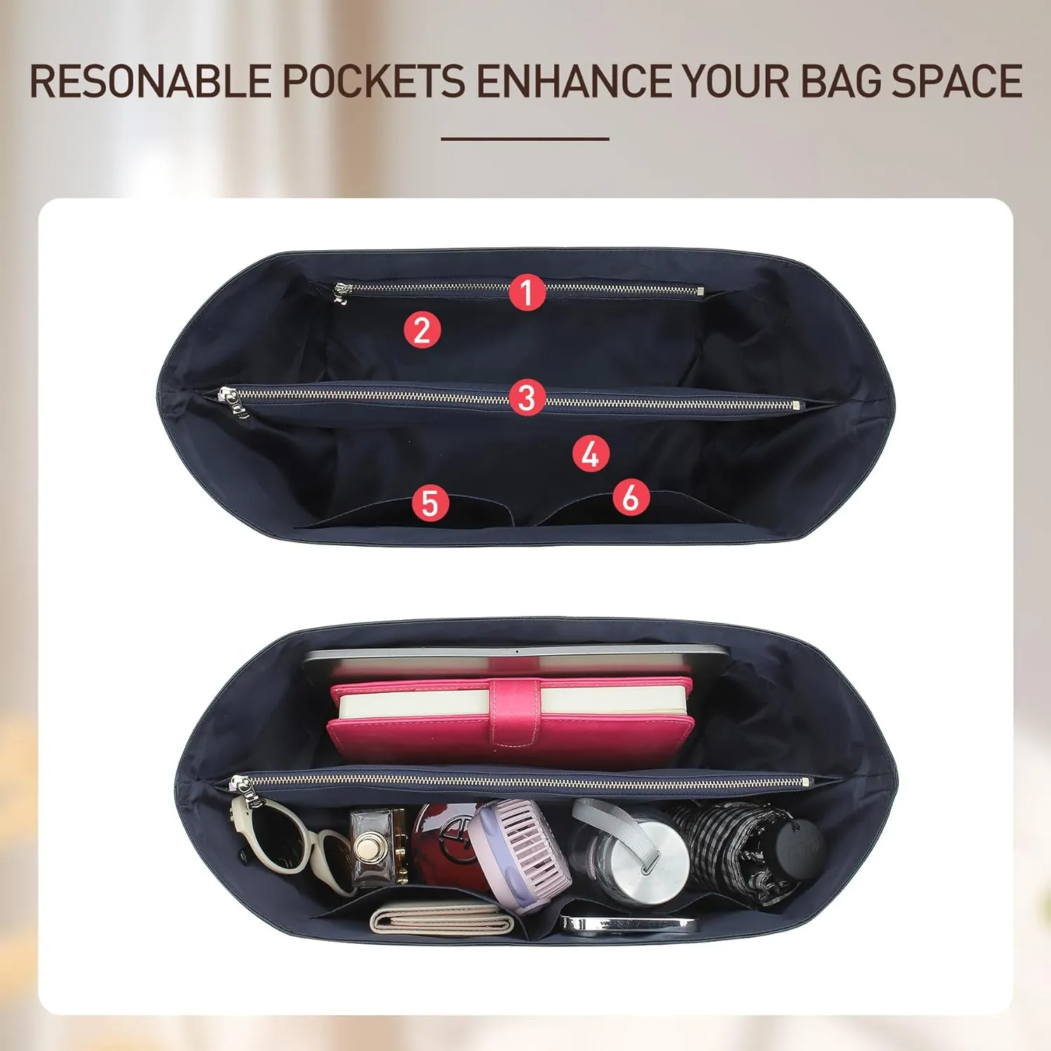 New DupontPaper Purse Organizer Insert Compatible with Longchamp Le Pliage Large Tote Handbag Insert (Black&Blue, Large)