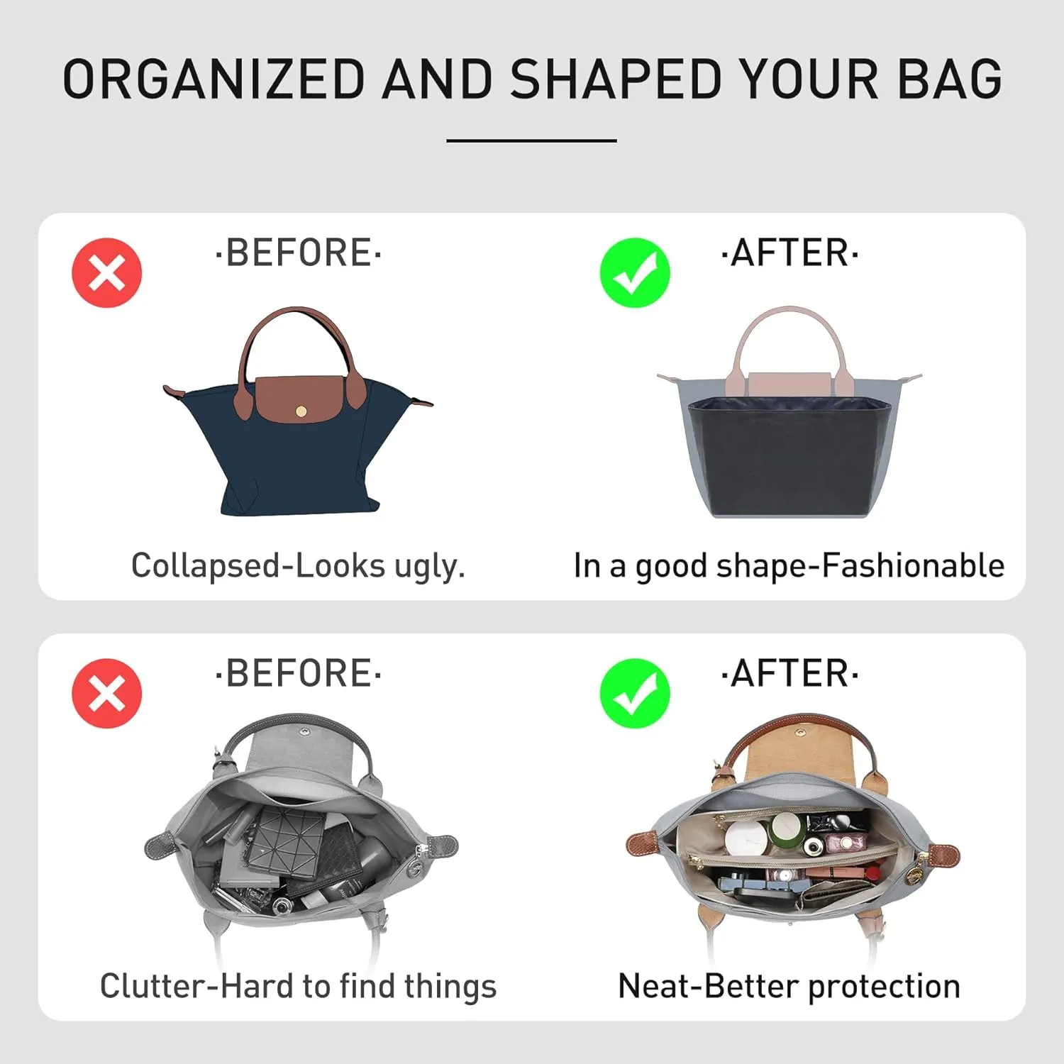 New DupontPaper Purse Organizer Insert Compatible with Longchamp Le Pliage Large Tote Handbag Insert (Black&Blue, Large)