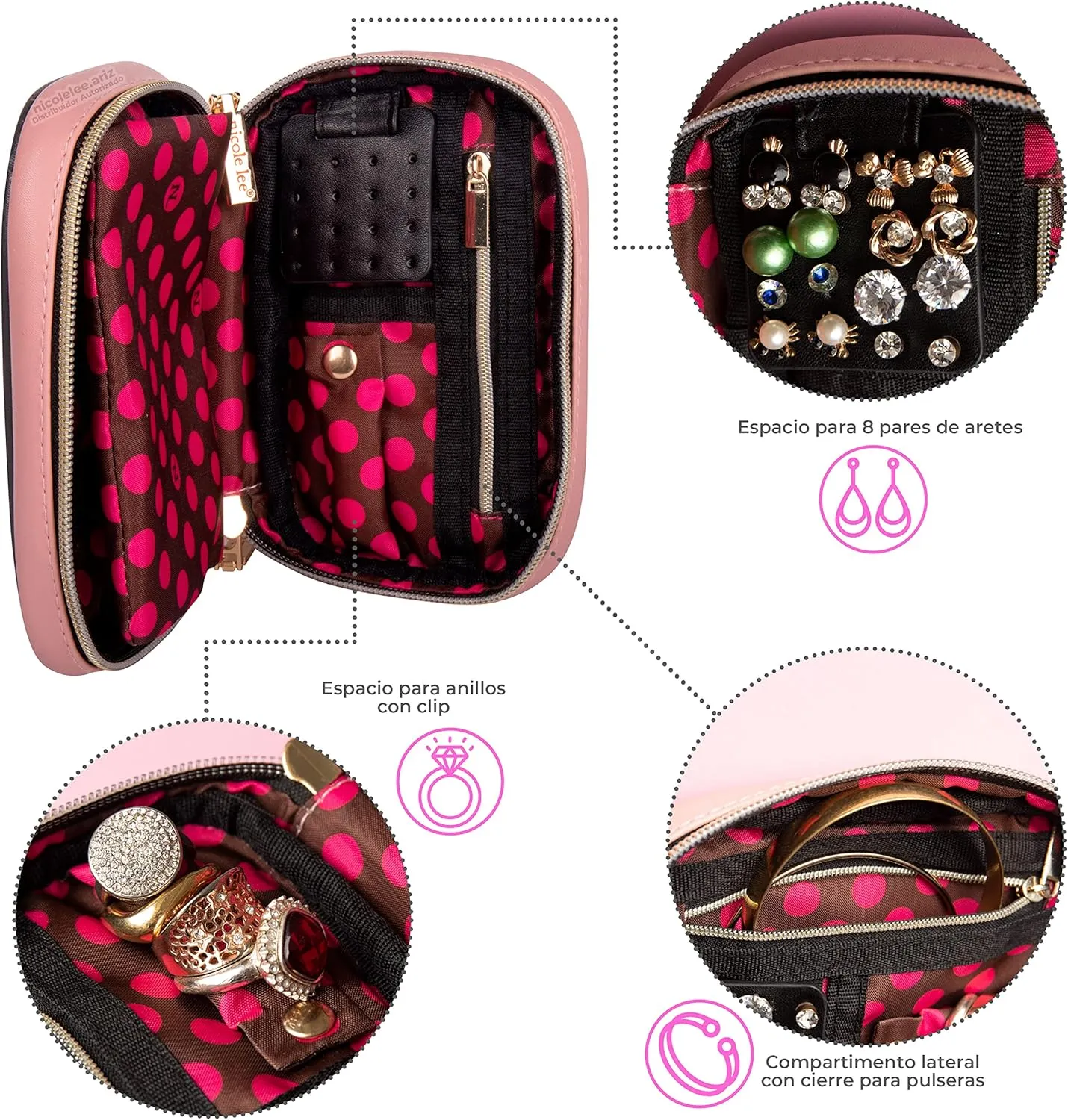NICOLE LEE Amparo Small Fashion Jewelry Organizer Handbag, Earring and Ring Holders, Extra Zip Pocket, Travel Case (Double Queens)