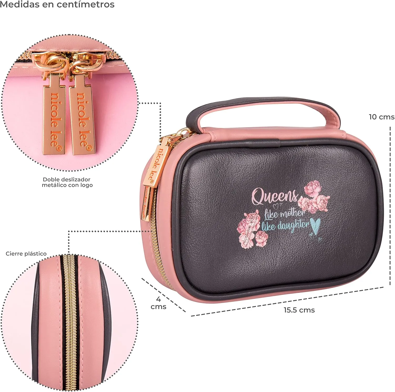 NICOLE LEE Amparo Small Fashion Jewelry Organizer Handbag, Earring and Ring Holders, Extra Zip Pocket, Travel Case (Double Queens)