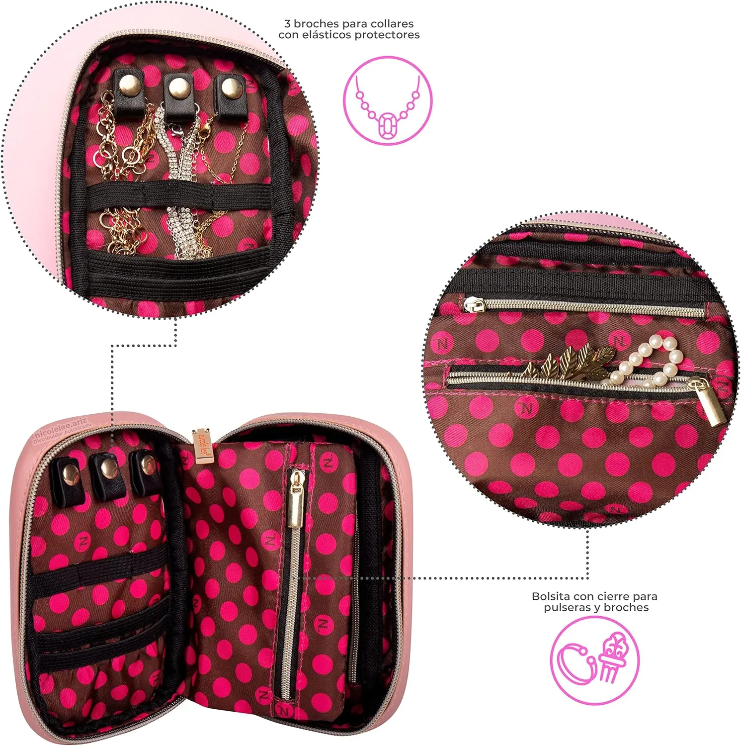 NICOLE LEE Amparo Small Fashion Jewelry Organizer Handbag, Earring and Ring Holders, Extra Zip Pocket, Travel Case (Double Queens)