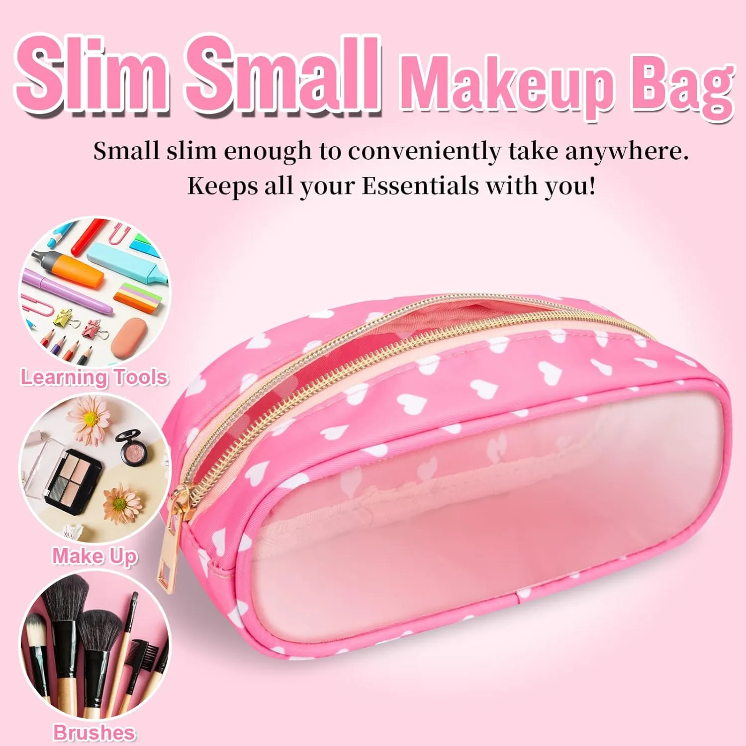 Nylon Small Clear Makeup Bag Slim Pouch, Cute Makeup Brush Case Makeup Bag Preppy Cosmetic Zipper Pouch for Purse,Travel PVC Toiletry Bag Clutch Coin Pouch Makeup Organizer for Women Girl(Pink Heart)