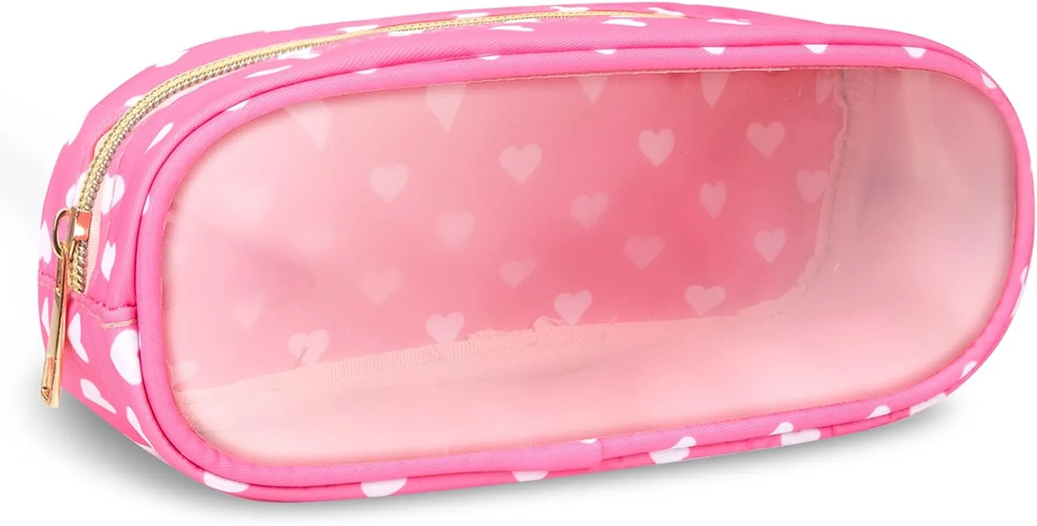 Nylon Small Clear Makeup Bag Slim Pouch, Cute Makeup Brush Case Makeup Bag Preppy Cosmetic Zipper Pouch for Purse,Travel PVC Toiletry Bag Clutch Coin Pouch Makeup Organizer for Women Girl(Pink Heart)