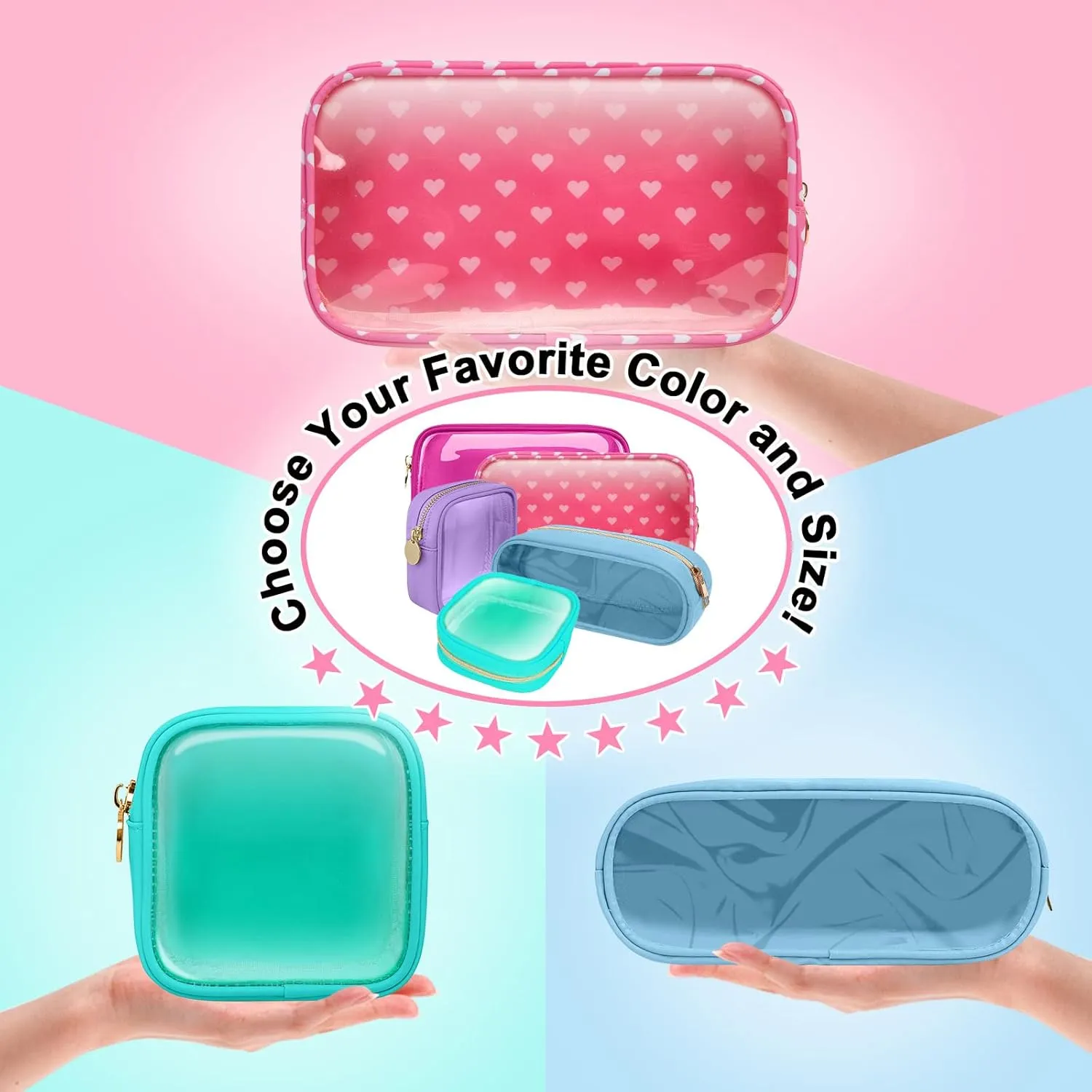Nylon Small Clear Makeup Bag Slim Pouch, Cute Makeup Brush Case Makeup Bag Preppy Cosmetic Zipper Pouch for Purse,Travel PVC Toiletry Bag Clutch Coin Pouch Makeup Organizer for Women Girl(Pink Heart)