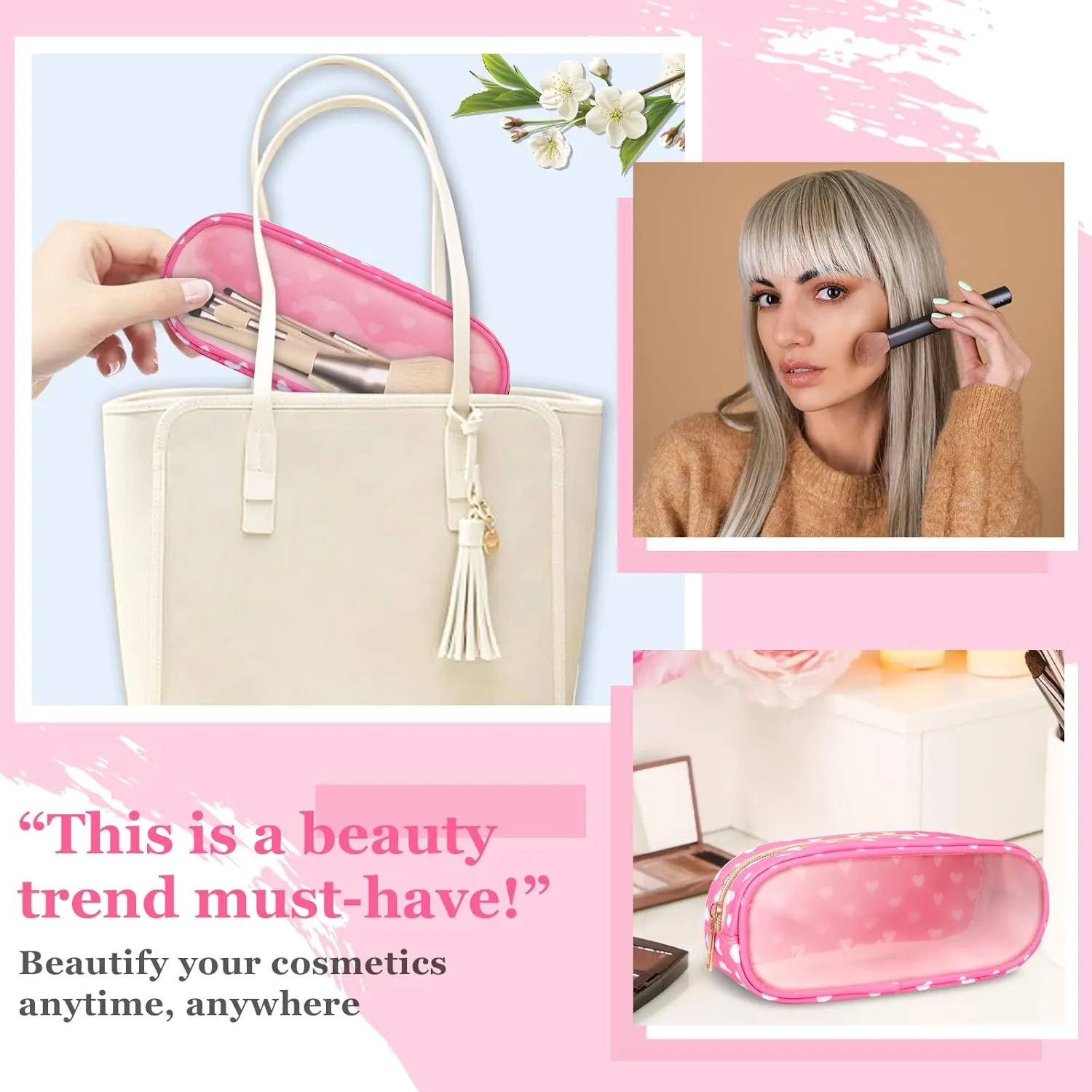 Nylon Small Clear Makeup Bag Slim Pouch, Cute Makeup Brush Case Makeup Bag Preppy Cosmetic Zipper Pouch for Purse,Travel PVC Toiletry Bag Clutch Coin Pouch Makeup Organizer for Women Girl(Pink Heart)