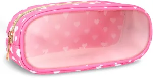 Nylon Small Clear Makeup Bag Slim Pouch, Cute Makeup Brush Case Makeup Bag Preppy Cosmetic Zipper Pouch for Purse,Travel PVC Toiletry Bag Clutch Coin Pouch Makeup Organizer for Women Girl(Pink Heart)