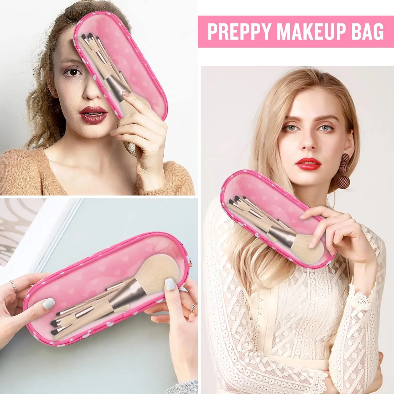 Nylon Small Clear Makeup Bag Slim Pouch, Cute Makeup Brush Case Makeup Bag Preppy Cosmetic Zipper Pouch for Purse,Travel PVC Toiletry Bag Clutch Coin Pouch Makeup Organizer for Women Girl(Pink Heart)