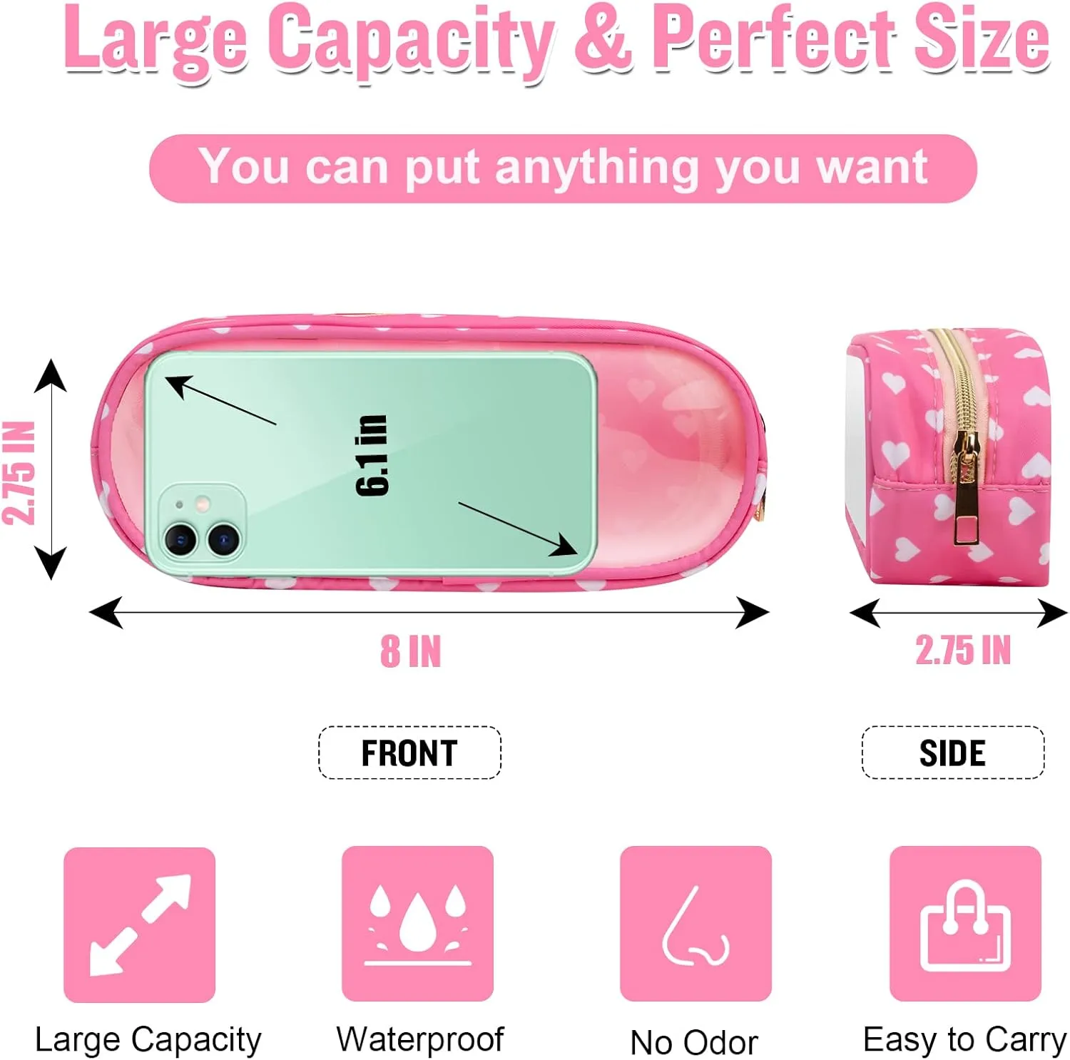 Nylon Small Clear Makeup Bag Slim Pouch, Cute Makeup Brush Case Makeup Bag Preppy Cosmetic Zipper Pouch for Purse,Travel PVC Toiletry Bag Clutch Coin Pouch Makeup Organizer for Women Girl(Pink Heart)
