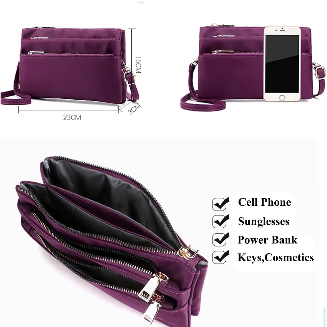 Nylon Small Cross Body Bags for Women Multi Pockets Phone Shoulder Bag Travel Mini Handbag Ladies Cross Body Bag (Wine Red)