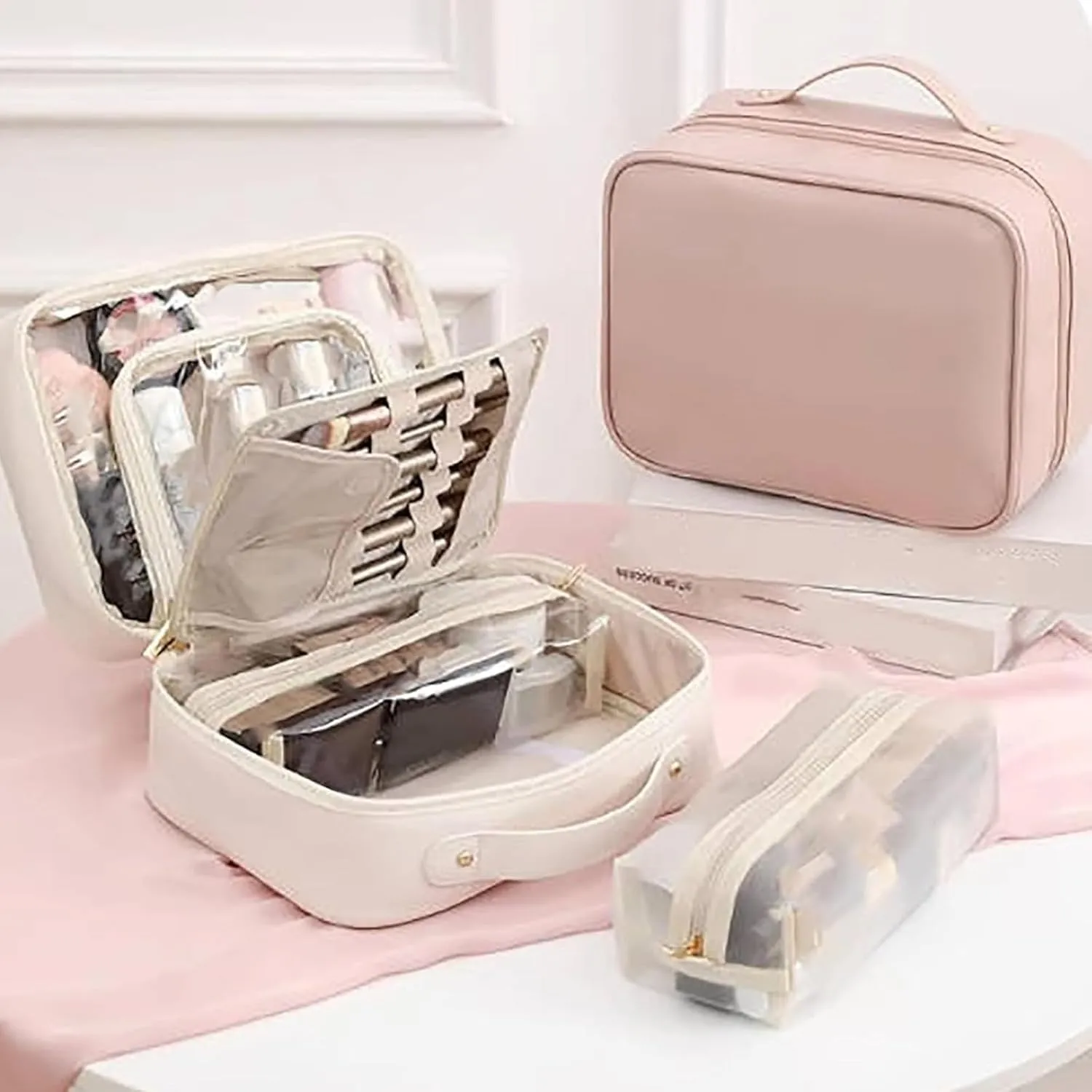 Obviously Multi-compartment Toiletry Cosmetics Bag, PU Leather Large Capacity & Portable Hanging Toiletry Bag, Travel Makeup Pouch for Women (pink)