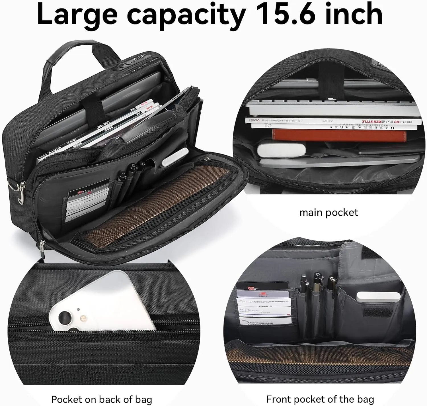 Omnpak 15.6 Inch Locking Briefcase, Travel Computer Briefcases with Combination Lock, Water Resistant Notary Document Bag for Men Women, Black