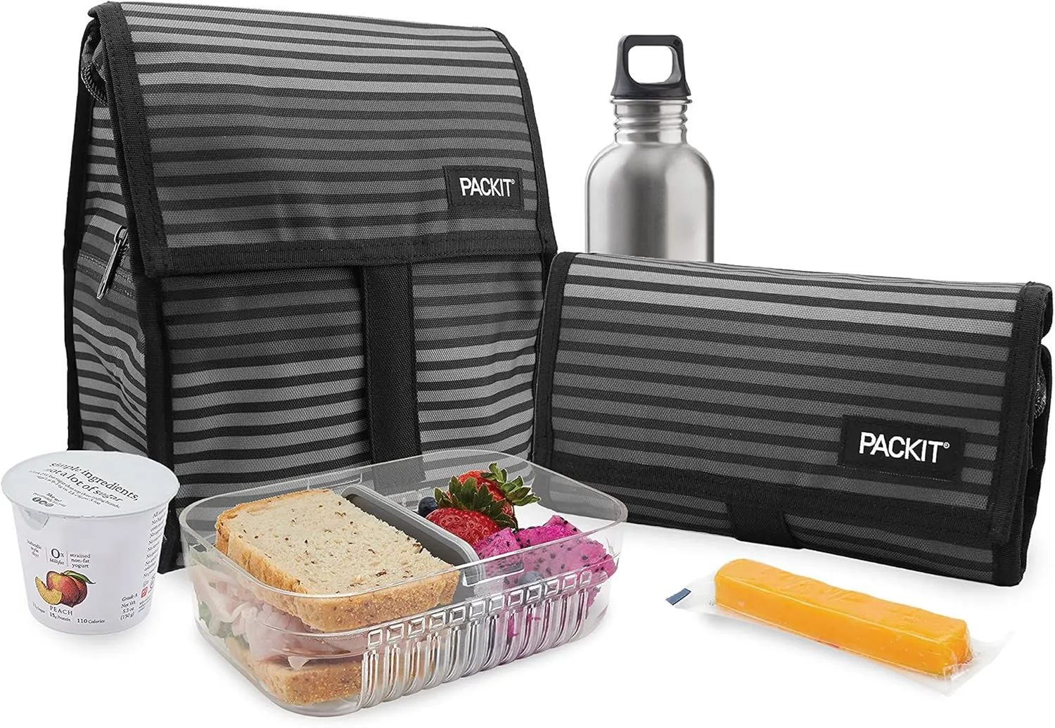PackIt Freezable Lunch Bag, Gray Stripes, Built with EcoFreeze Technology, Foldable, Reusable, Zip and Fold Closure with Buckle Handle, Perfect for School and Office Lunches