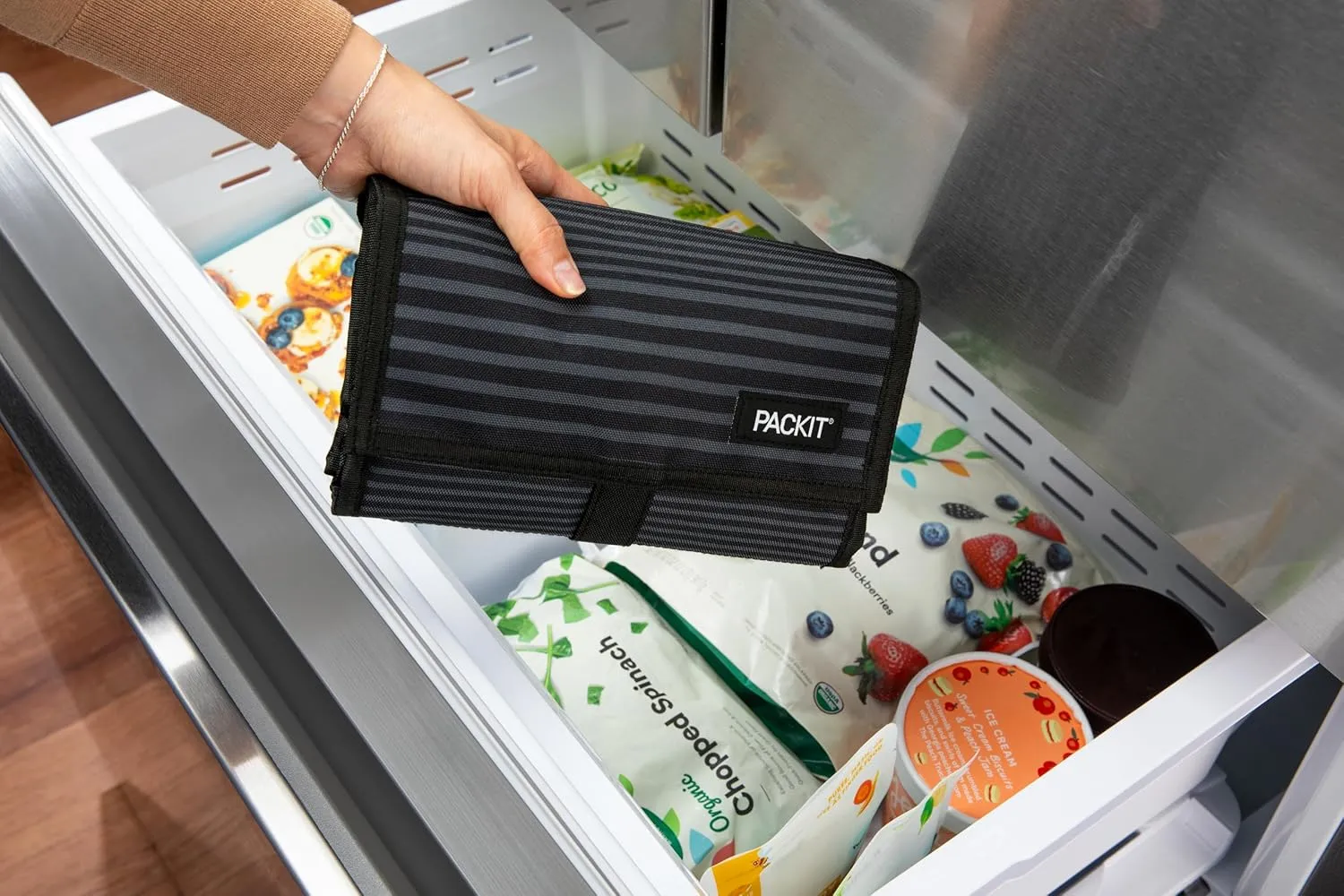 PackIt Freezable Lunch Bag, Gray Stripes, Built with EcoFreeze Technology, Foldable, Reusable, Zip and Fold Closure with Buckle Handle, Perfect for School and Office Lunches