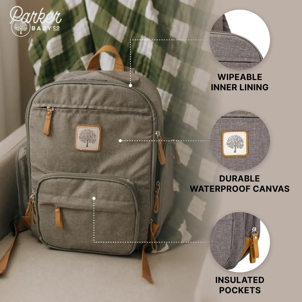 Parker Baby Diaper Backpack - Full Zip Diaper Bag with Insulated Pockets - Gray
