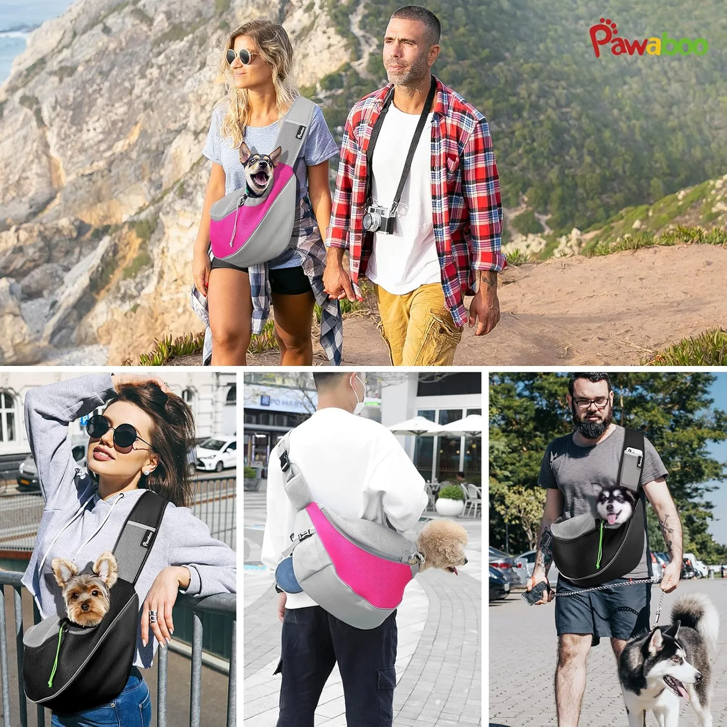 Pawaboo Pet Dog Sling Carrier, Hand Free Drawstring Dog Papoose with Adjustable Strap, Breathable Mesh Bag for Puppy Cat, Crossbody Satchel Dog Purse with Pocket for Outdoor Travel, Black, Medium