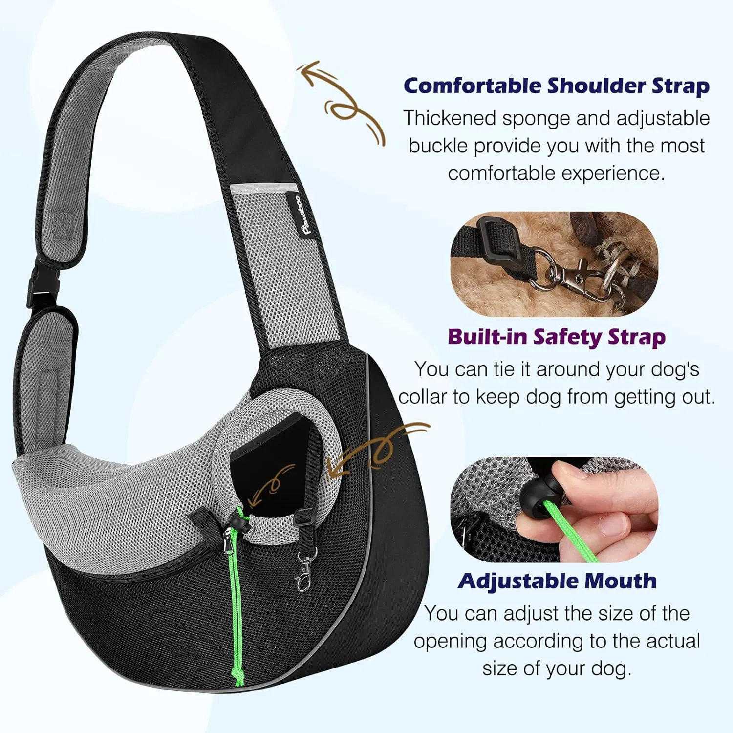 Pawaboo Pet Dog Sling Carrier, Hand Free Drawstring Dog Papoose with Adjustable Strap, Breathable Mesh Bag for Puppy Cat, Crossbody Satchel Dog Purse with Pocket for Outdoor Travel, Black, Medium