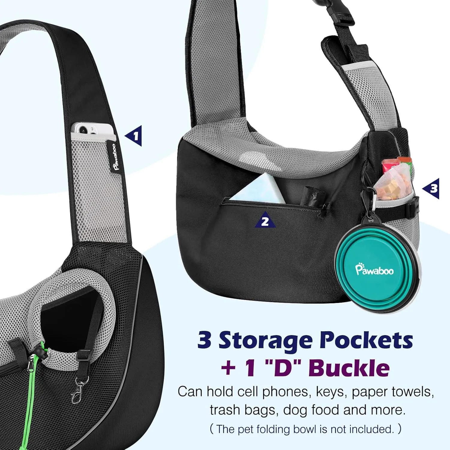Pawaboo Pet Dog Sling Carrier, Hand Free Drawstring Dog Papoose with Adjustable Strap, Breathable Mesh Bag for Puppy Cat, Crossbody Satchel Dog Purse with Pocket for Outdoor Travel, Black, Medium