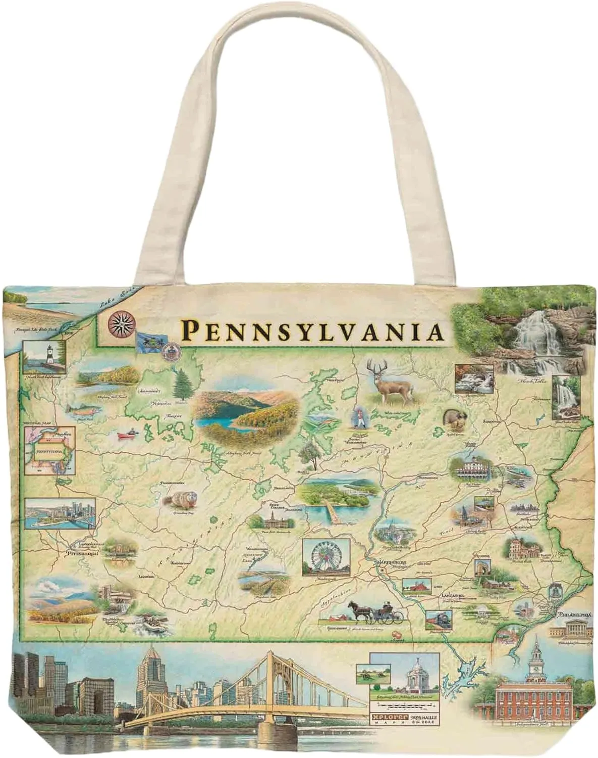 Pennsylvania State Map Canvas Tote Bag with Handles, Cloth Grocery Shopping Bag, Reusable & Eco-friendly Bag