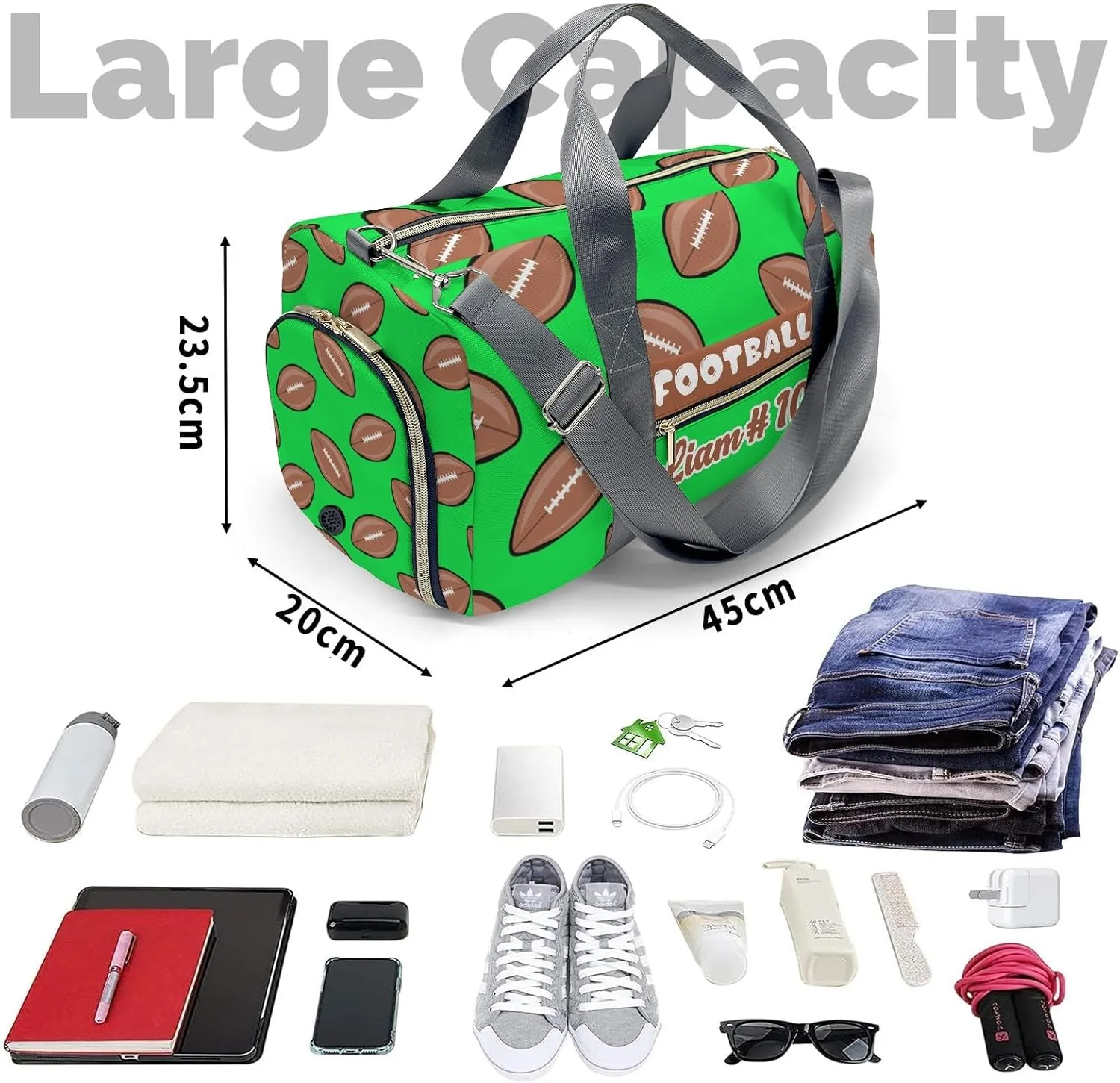 Personalized Green Sports Pattern Rugby Duffle Bag with Ventilation Holes for Shoes for Women Man Custom Travel Perform Bag
