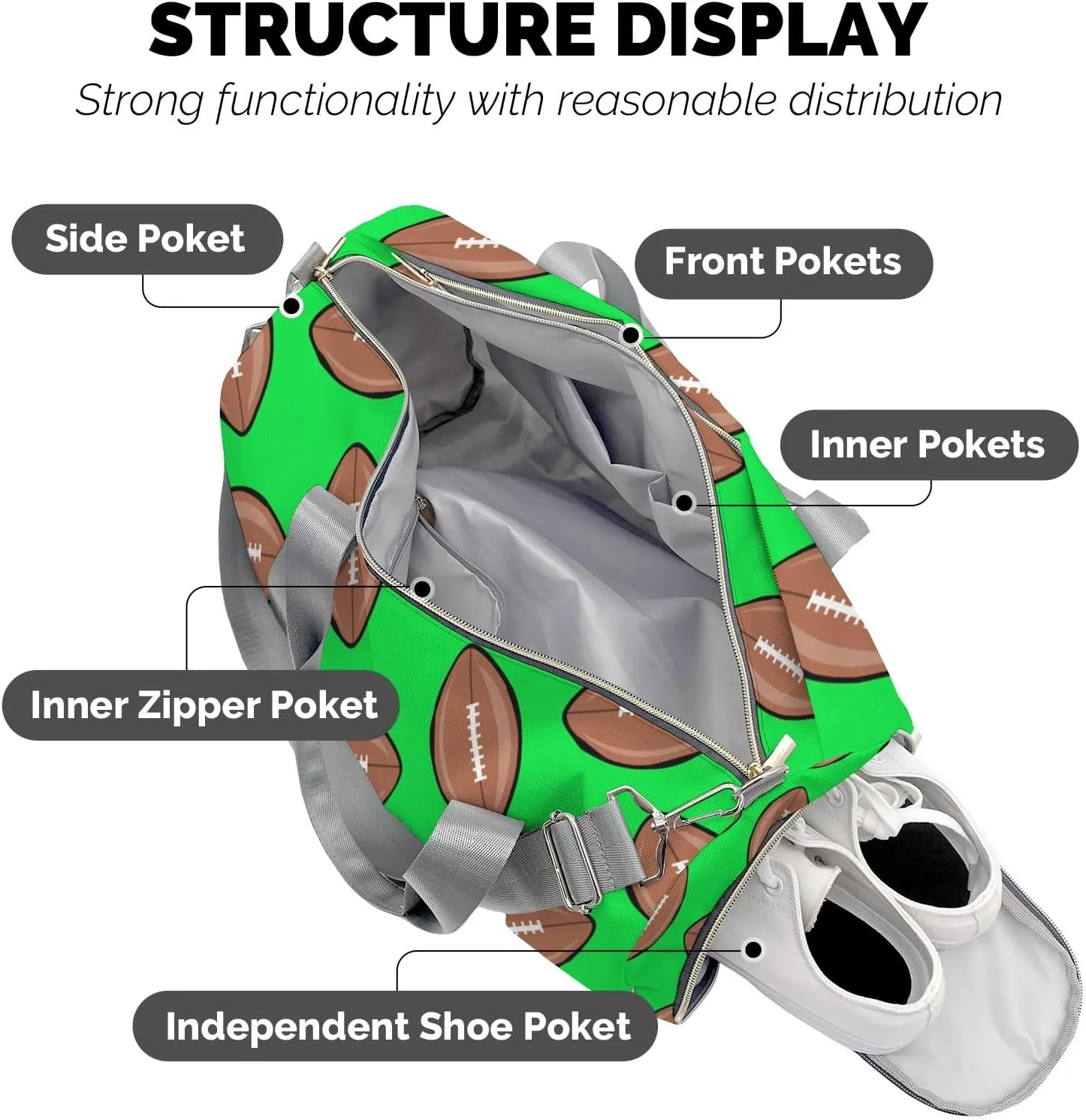 Personalized Green Sports Pattern Rugby Duffle Bag with Ventilation Holes for Shoes for Women Man Custom Travel Perform Bag