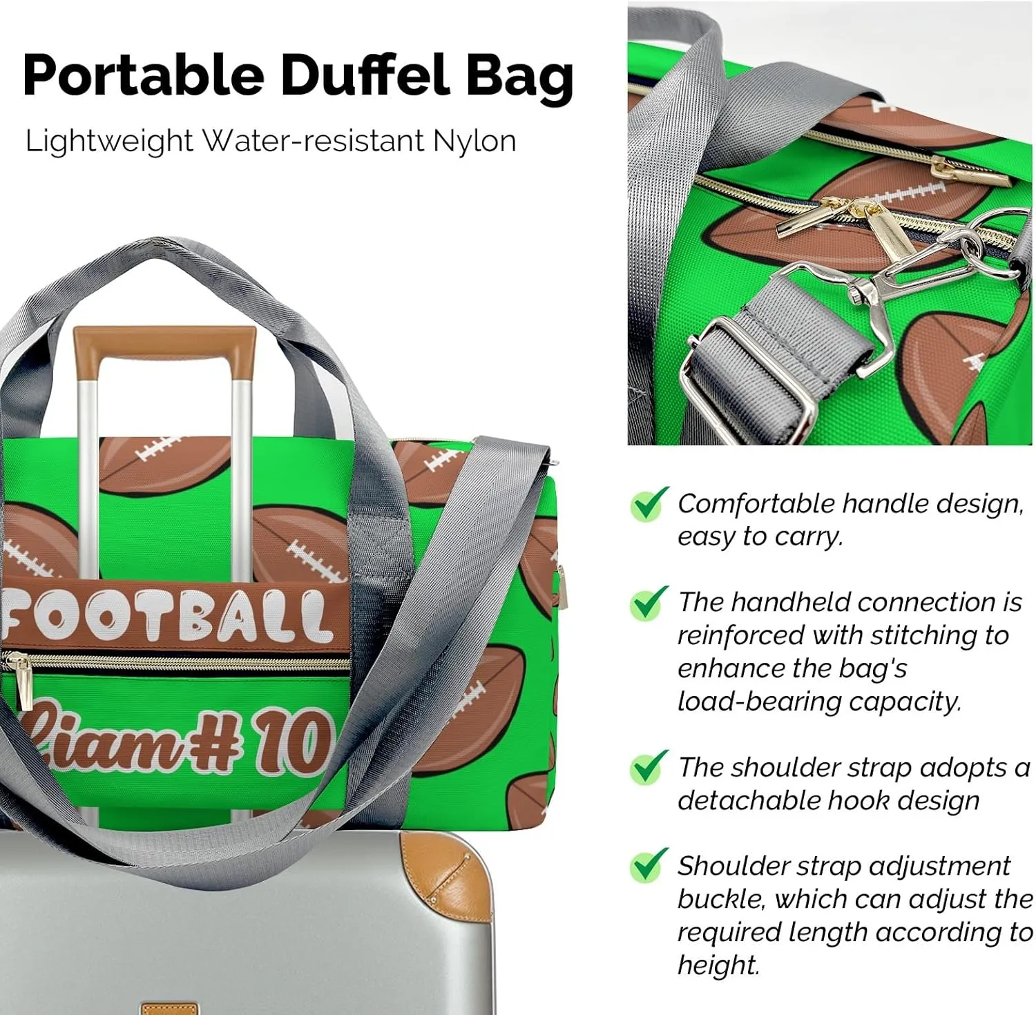 Personalized Green Sports Pattern Rugby Duffle Bag with Ventilation Holes for Shoes for Women Man Custom Travel Perform Bag