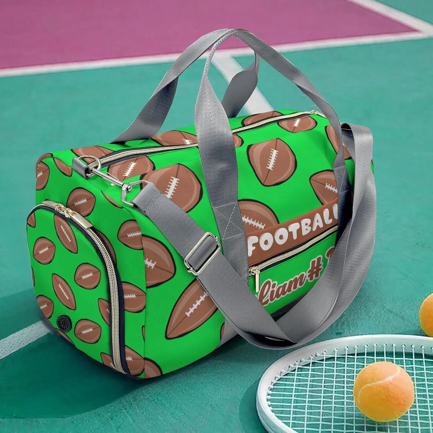 Personalized Green Sports Pattern Rugby Duffle Bag with Ventilation Holes for Shoes for Women Man Custom Travel Perform Bag
