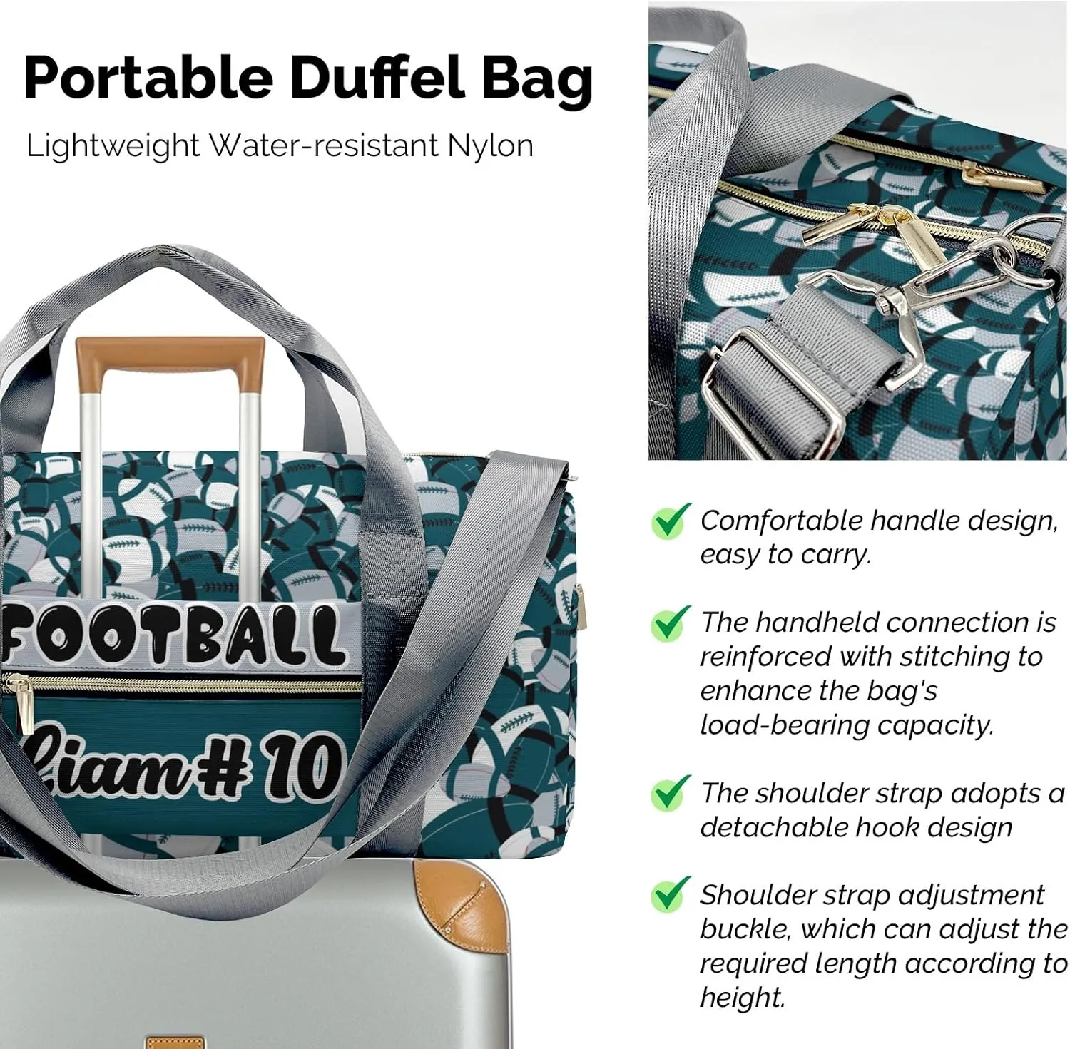 Personalized Name Duffel Bags with Ventilation Holes for Shoes American Football Teal Travel Perform Training Bag