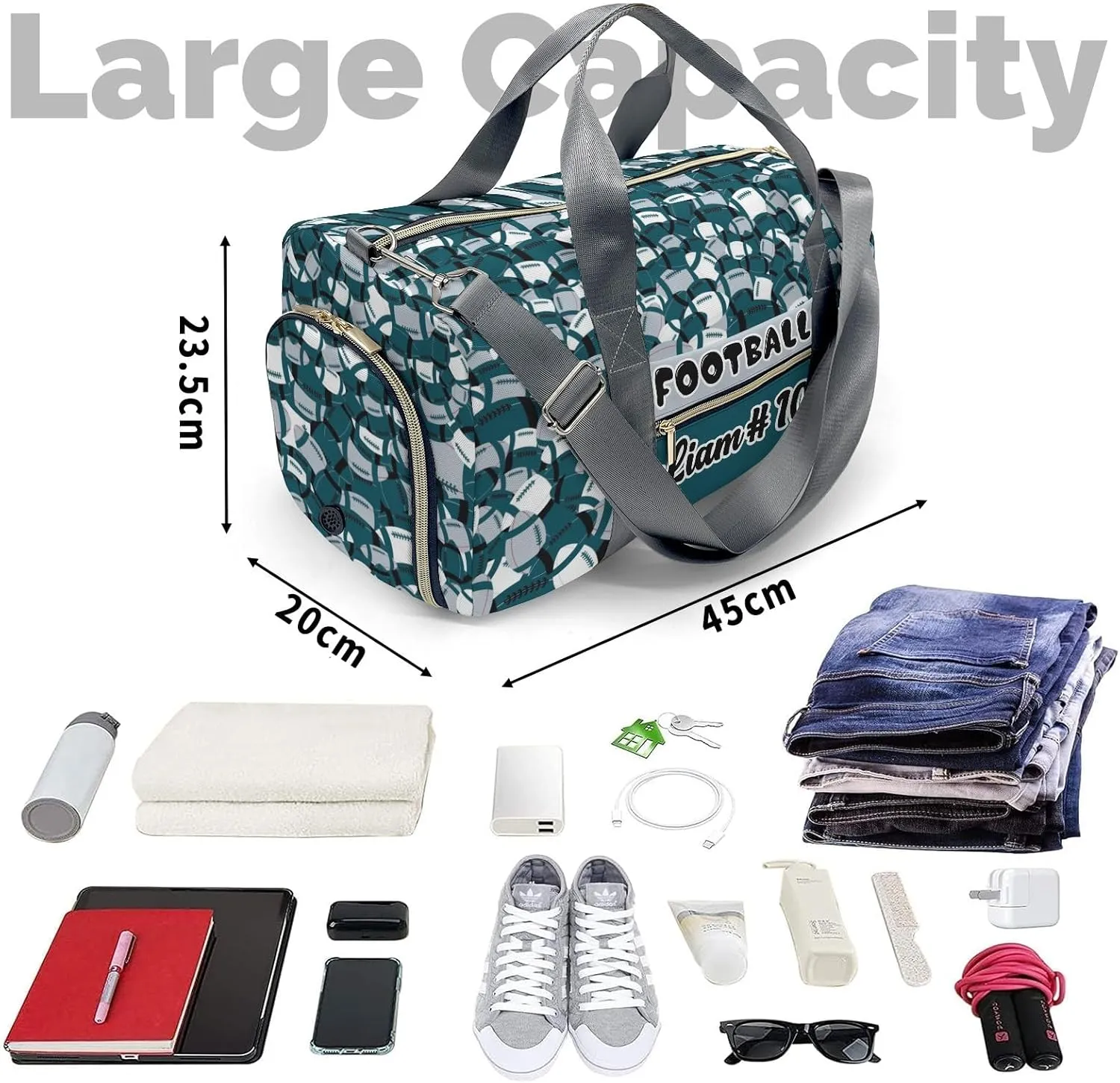Personalized Name Duffel Bags with Ventilation Holes for Shoes American Football Teal Travel Perform Training Bag