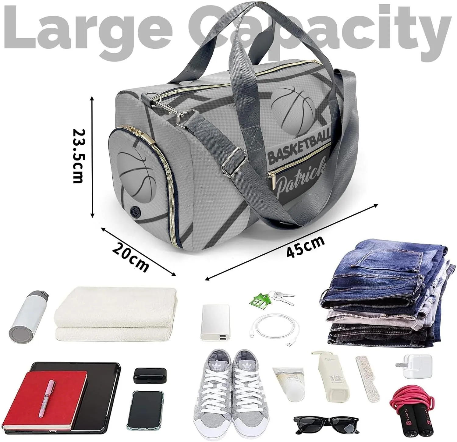 Personalized Name Sports Duffel Bags Gray Basketball Print Gymnastics Travel Perform Training Casual Bag